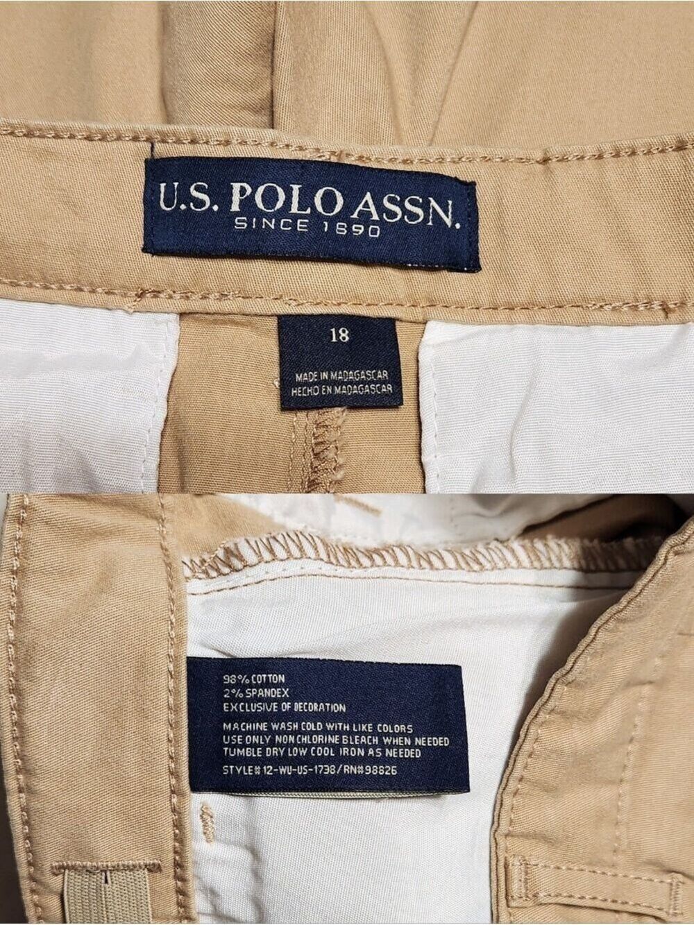 U.S. Polo Assn. Chino Twill Flat Front Fly Zip Khaki Shorts Tan Boy's 18 - Picture 7 of 9
